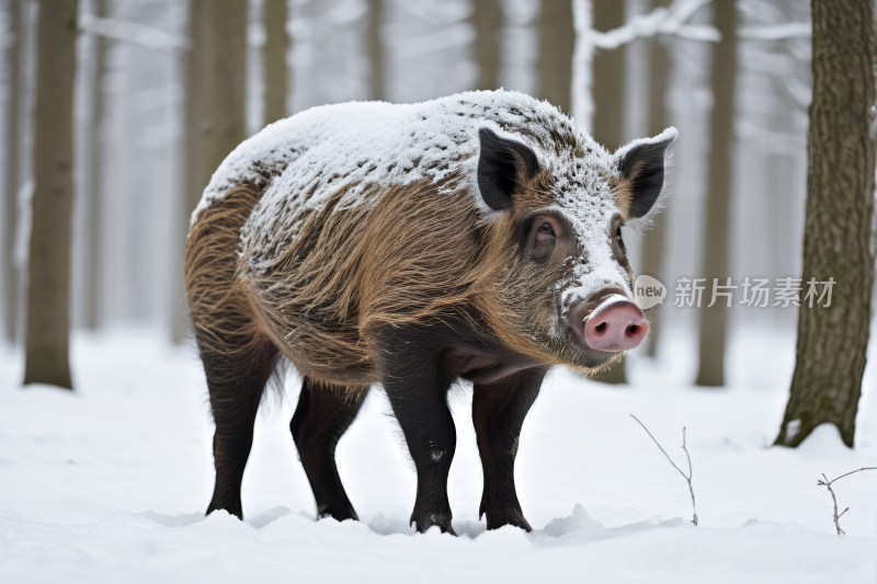 树林里的雪地里站着一头猪高清图片