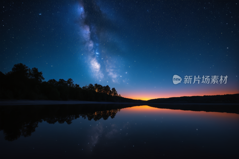 星空夜空湖泊和树木倒映在水中高清背景图片