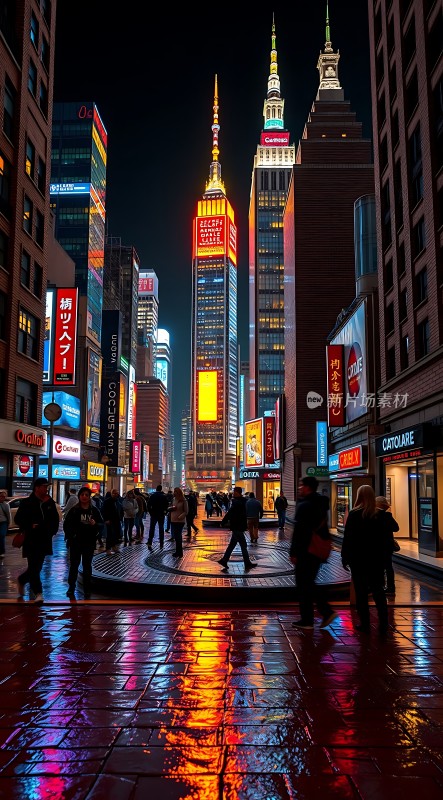 繁华都市夜景霓虹闪烁人群熙攘高楼林立