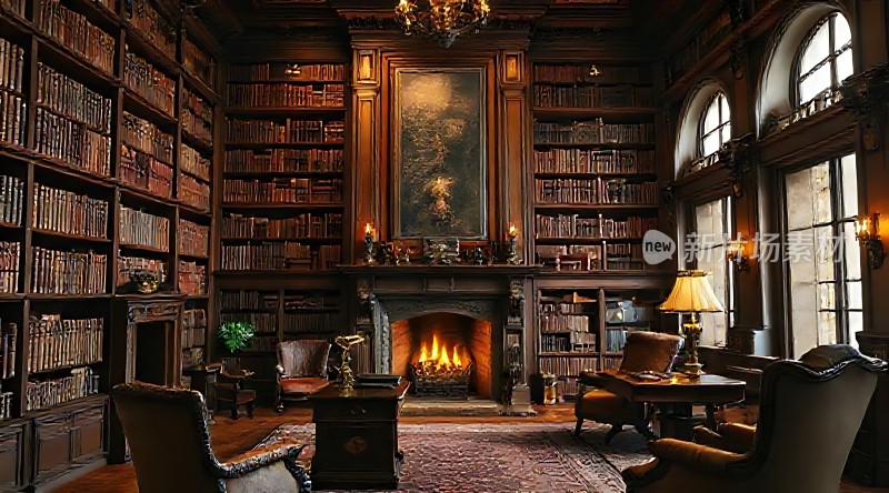 古董书架与壁炉的温馨书房