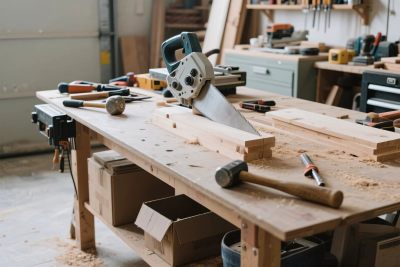 木工工作台上的多样工具