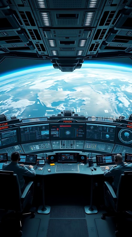 太空船驾驶舱内两名宇航员操作仪器地球美景尽收眼底