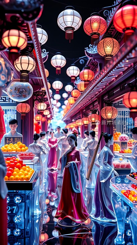 古风集市夜市灯笼水果