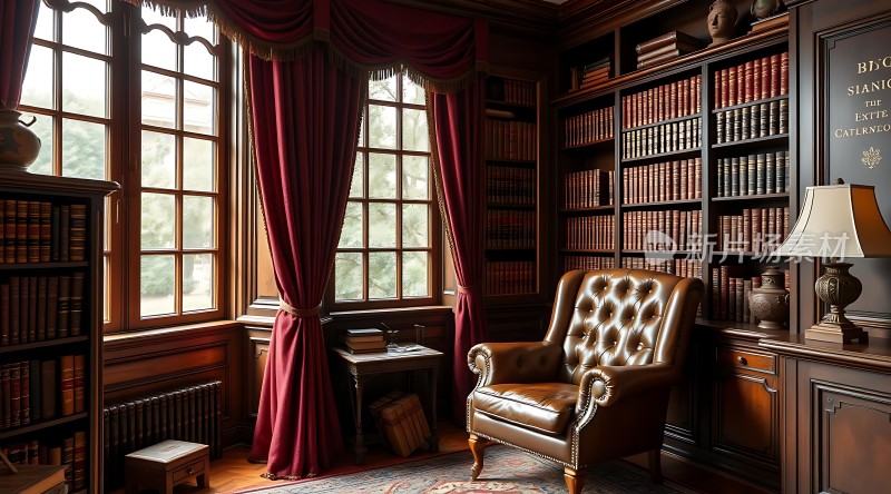 古典书房红木书架与皮质座椅的结合