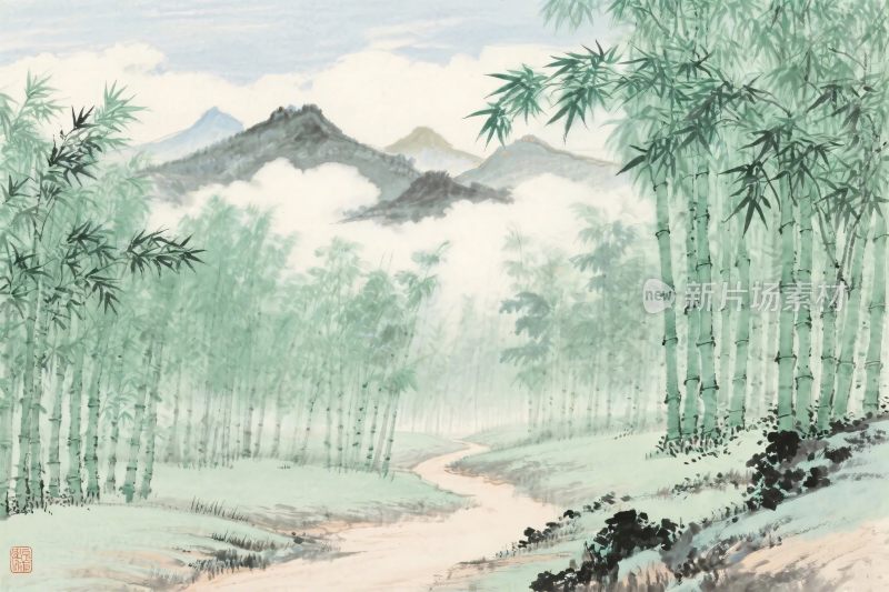 水墨山水竹林风景画