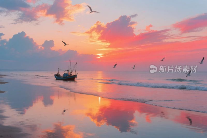 海边日落渔船风景插画