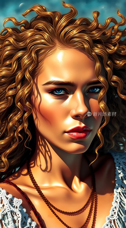 金色卷发与蓝色眼眸的神秘女性