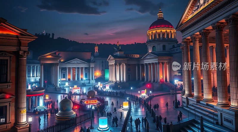 现代都市夜景下的古典建筑群