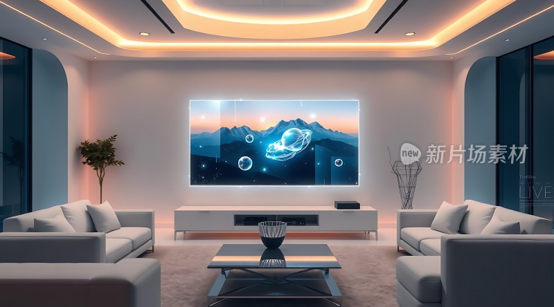 现代客厅科技感十足沙发环绕电视墙简约大气