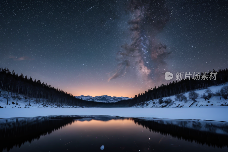 星空笼罩在湖泊和山上有几棵树高清风景图片