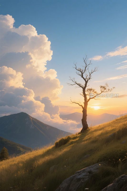 山间夕阳树风景