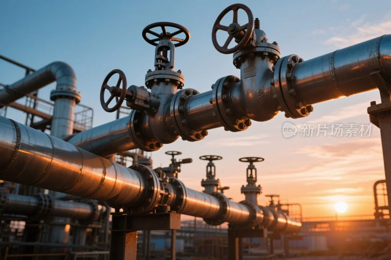 夕阳下的工业管道阀门