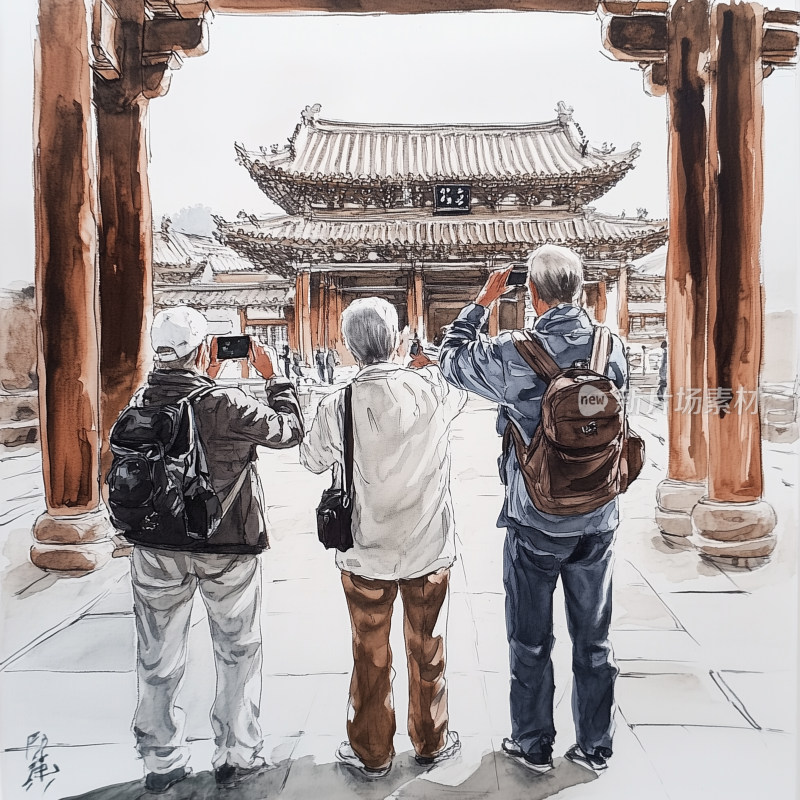 历史建筑前的游人摄影插画