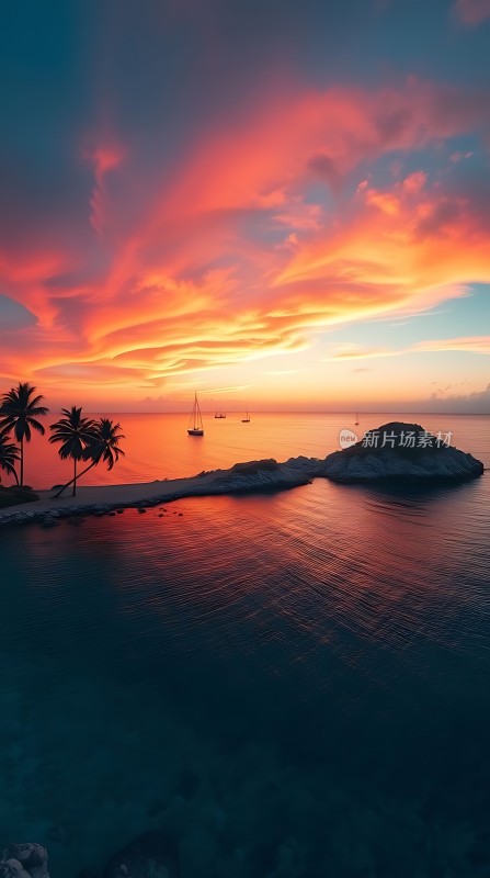 日落椰林帆影海景图