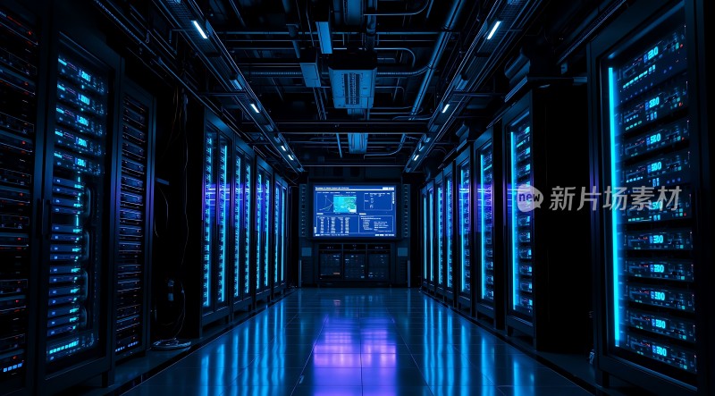 科技感数据中心服务器排列整齐屏幕显示数据图表