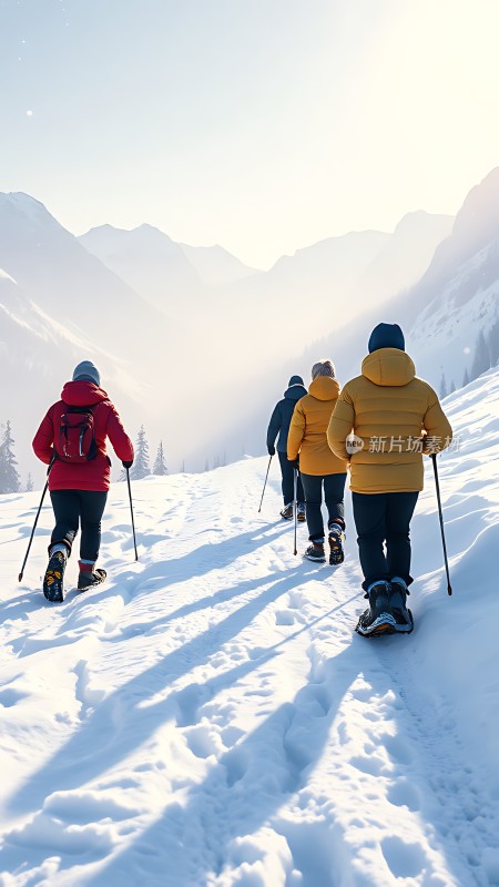 雪地徒步旅行者探索宁静的山脉景观