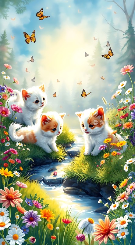 三只小猫在花丛中嬉戏蝴蝶翩翩起舞