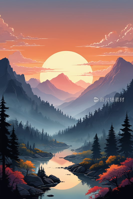 一山一江的美丽风景高清插画图片