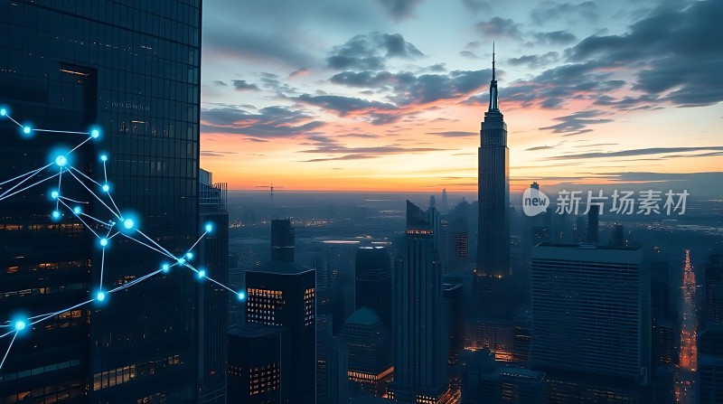 城市天际线与网络线条的结合展现现代都市的科技感