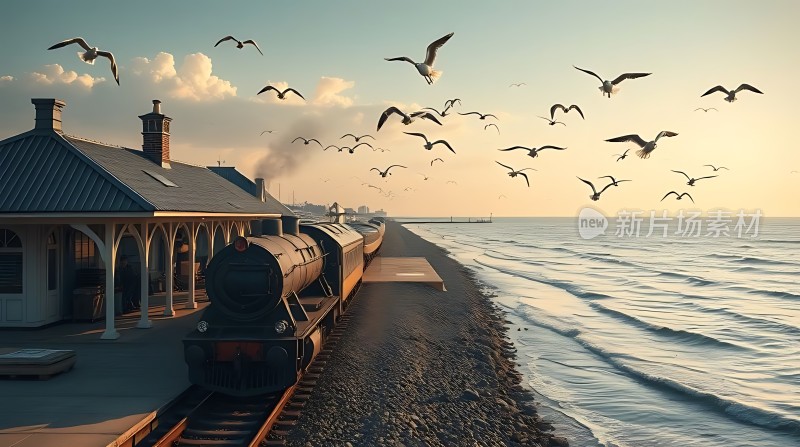 海边的蒸汽火车与飞翔的海鸥