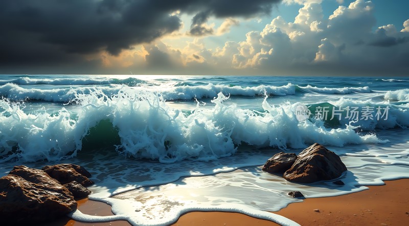 阳光下的海浪与岩石