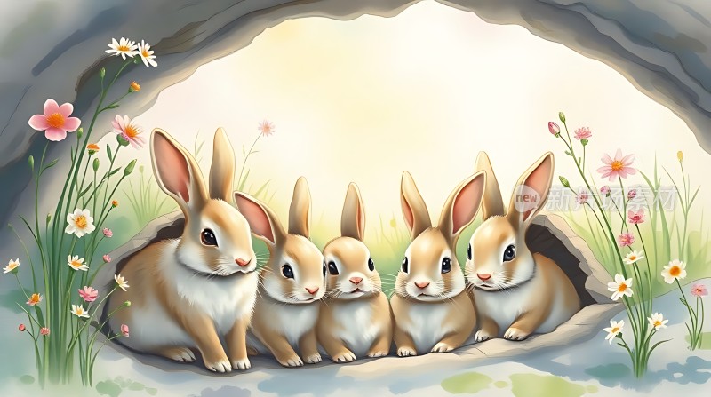 五只可爱小兔子在花丛中探出头