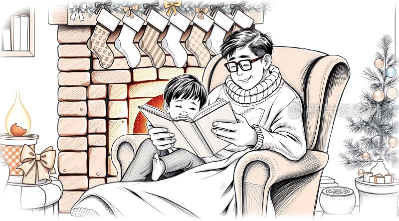 温馨圣诞夜父子共读时光