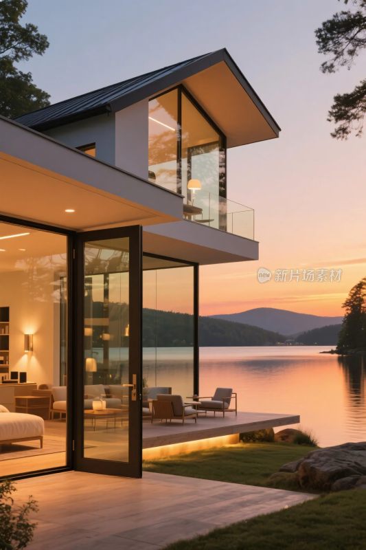 湖边现代别墅景观