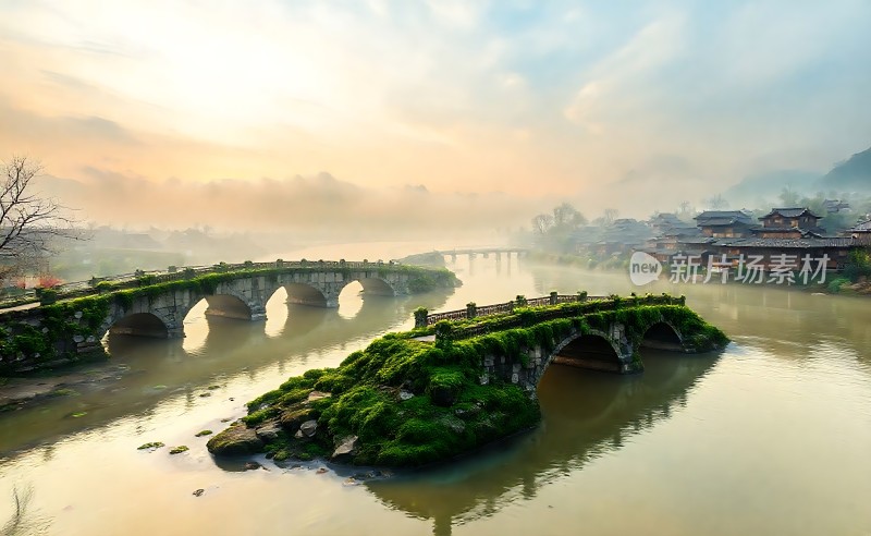 晨雾中的古桥与小镇