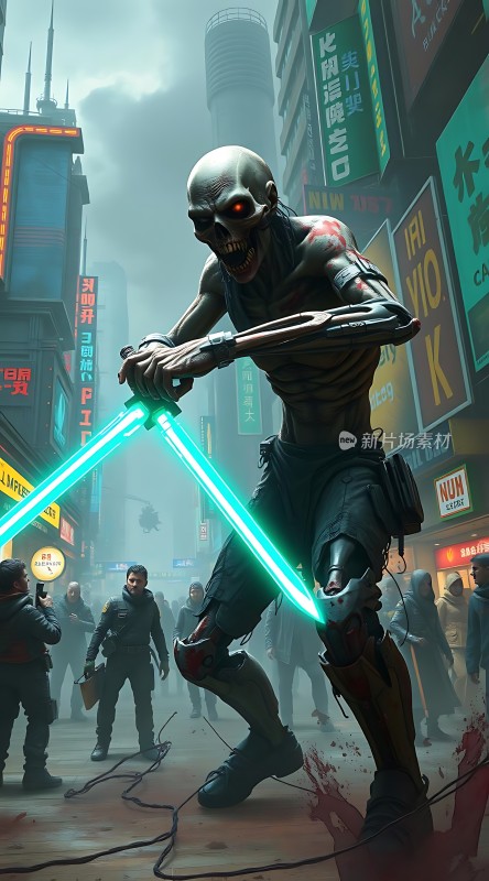 机械战士持双刀都市街头战僵尸