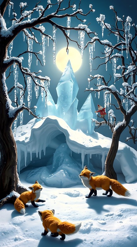 冰天雪地三只小狐狸