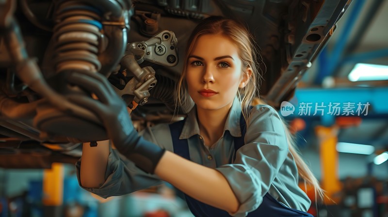 女机械师专注检修汽车底盘