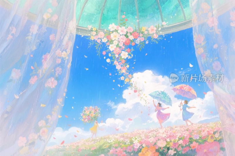 梦幻花卉场景插画