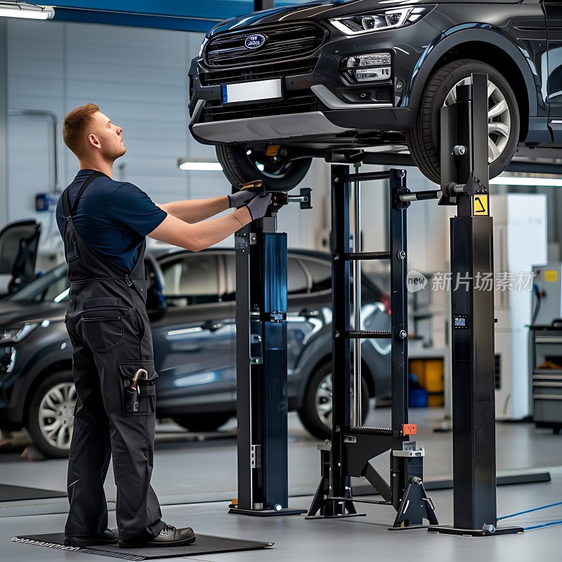 汽车维修工人在车间内检查车辆底盘