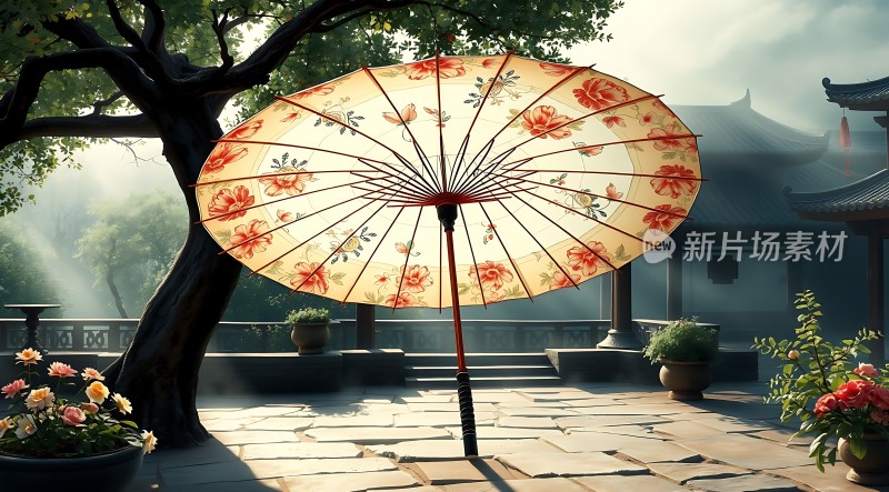 古风油纸伞下的宁静庭院