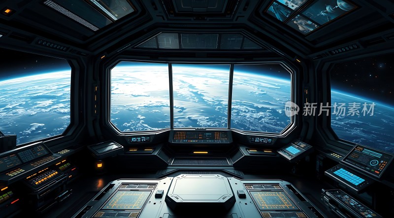 太空船驾驶舱内景地球美景尽收眼底