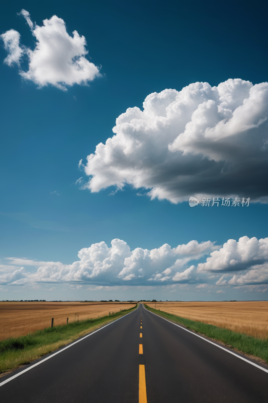 一条长长的路中间一条黄线高清风景摄影图片