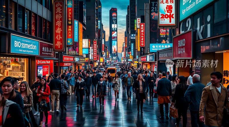 繁华都市街头人群熙攘霓虹闪烁