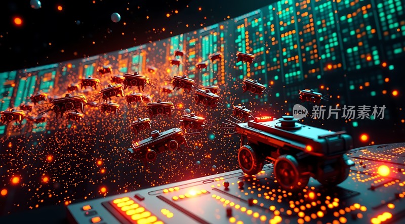 未来科技感十足的场景机械小车在电子板上飞驰背景是数字屏幕和光点