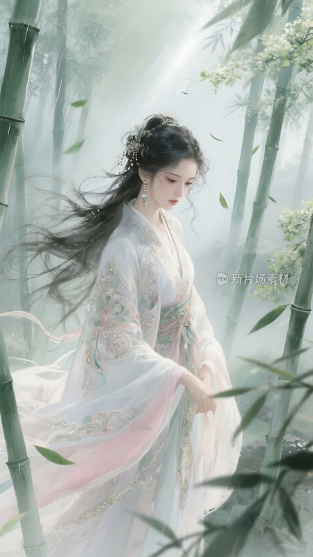 竹影婆娑下的古装佳人