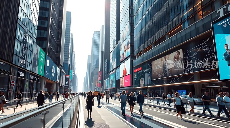 繁华都市街头高楼林立人群熙攘广告牌琳琅满目