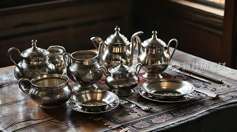 银色餐具展示精美茶具陈列