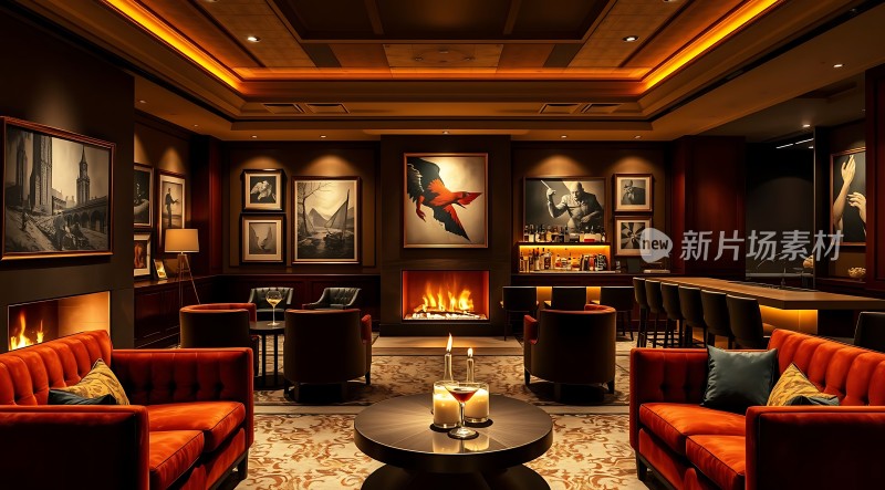 豪华酒吧休息室壁炉旁的舒适沙发和艺术装饰画