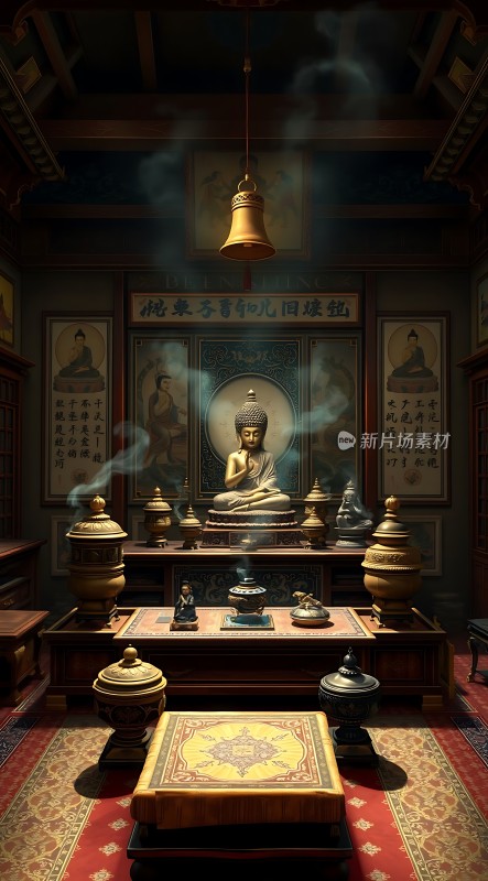 禅意空间佛像庄严香炉袅袅宁静致远