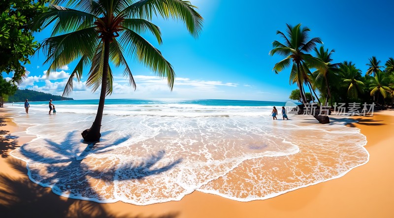 椰林沙滩阳光明媚海浪轻拍游客漫步