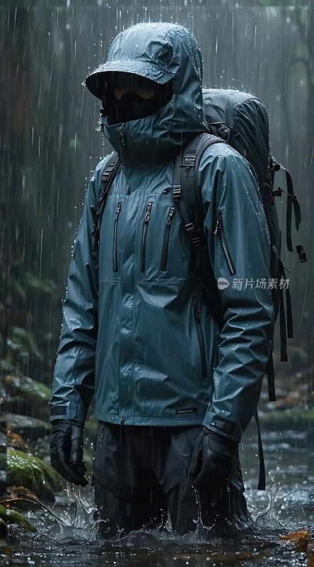 雨中探险者勇敢穿越湿滑小径