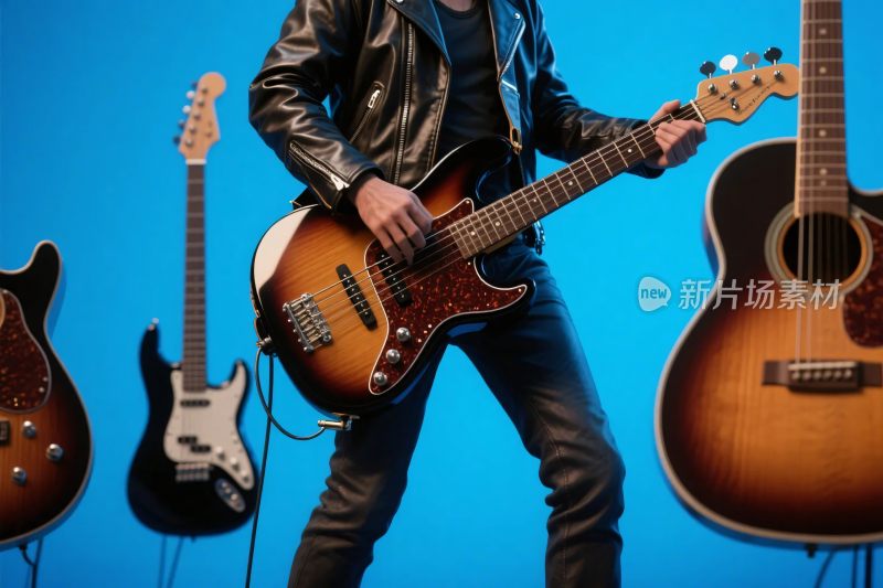 音乐人演奏电吉他与多款吉他