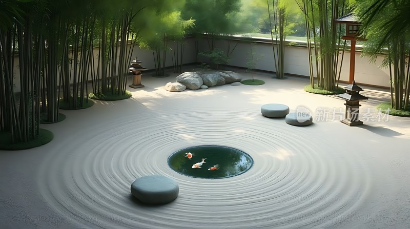 禅意庭院静谧池塘与石灯