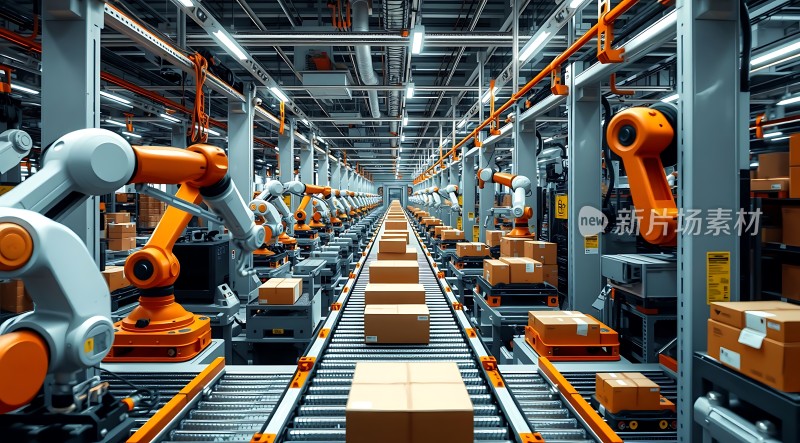 智能物流中心橙色机器人与传送带协同工作