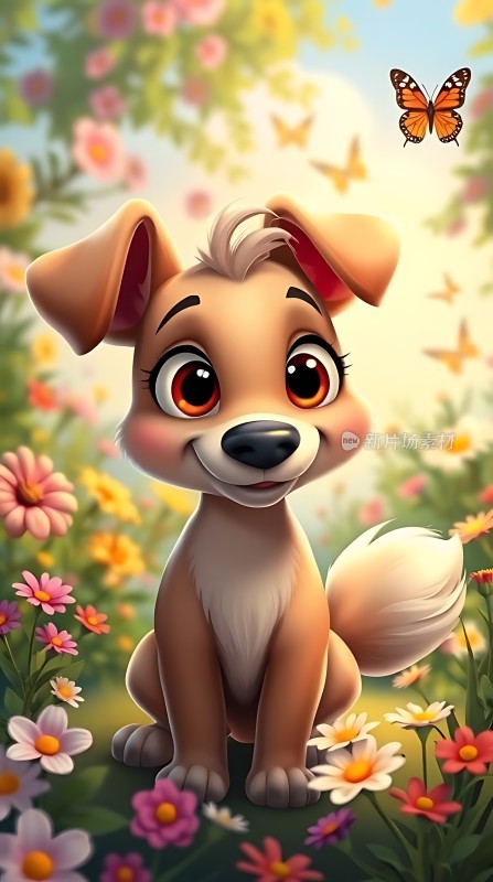 阳光下的可爱小狗与蝴蝶花丛